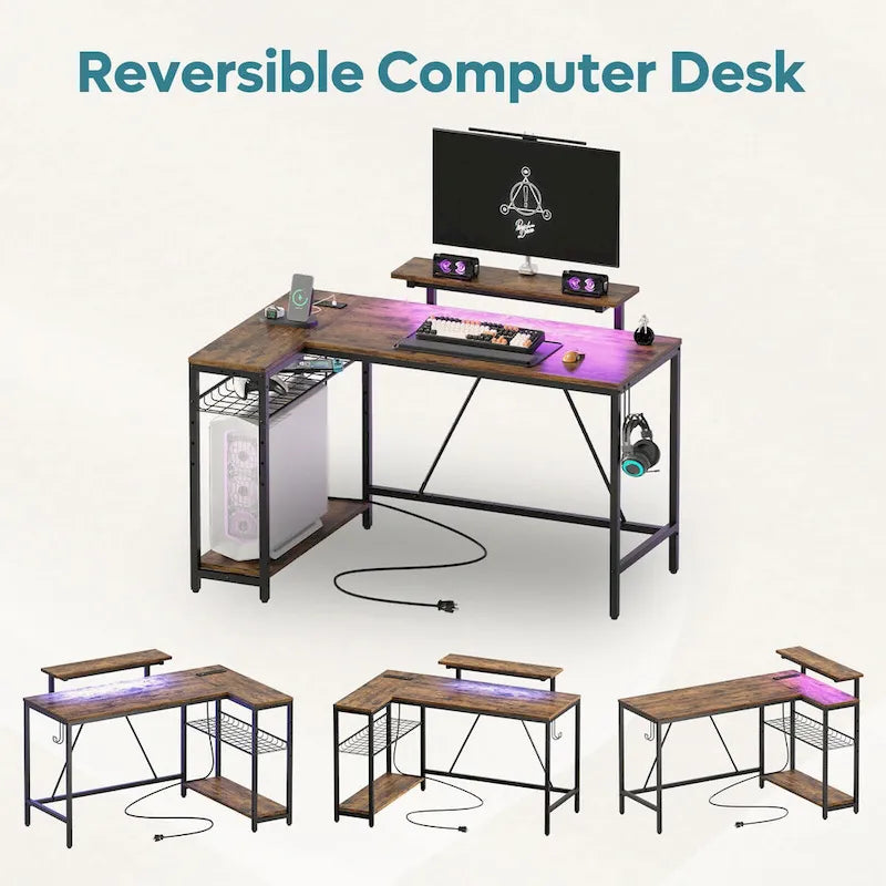Bureau d'ordinateur réversible en forme de L avec prises de courant et support de moniteur