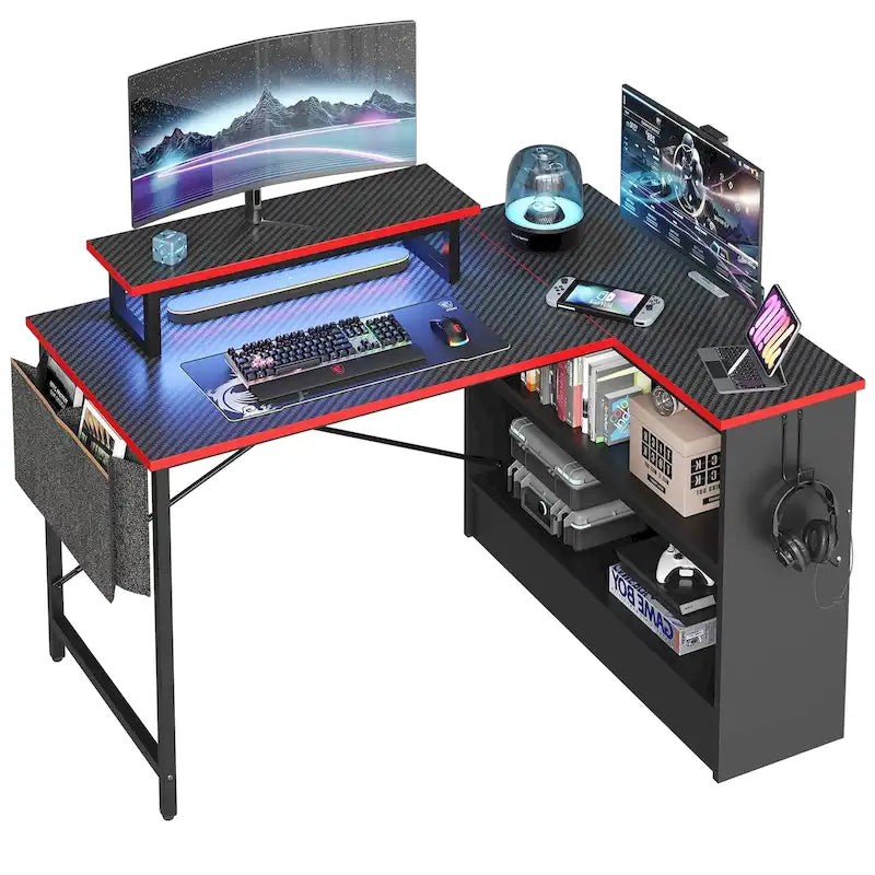 Bureau de jeu 42 pouces réversible en L avec support d'écran LED, étagères de rangement et sac