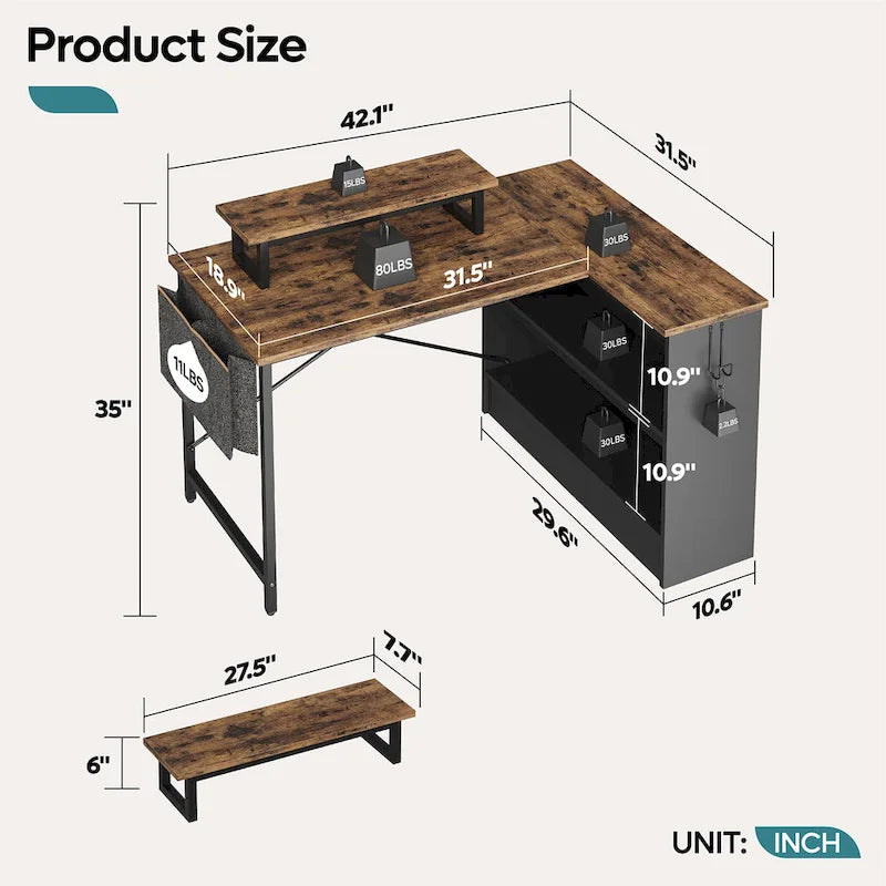 Bureau de jeu 42 pouces réversible en L avec support d'écran LED, étagères de rangement et sac