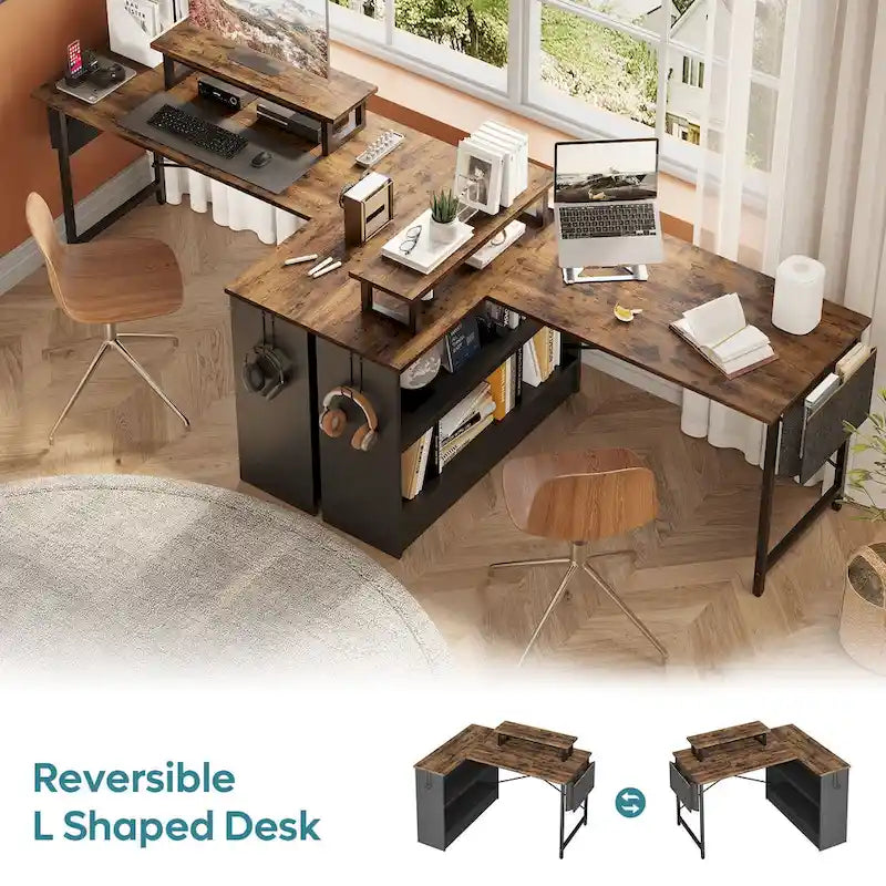Bureau de jeu 42 pouces réversible en L avec support d'écran LED, étagères de rangement et sac