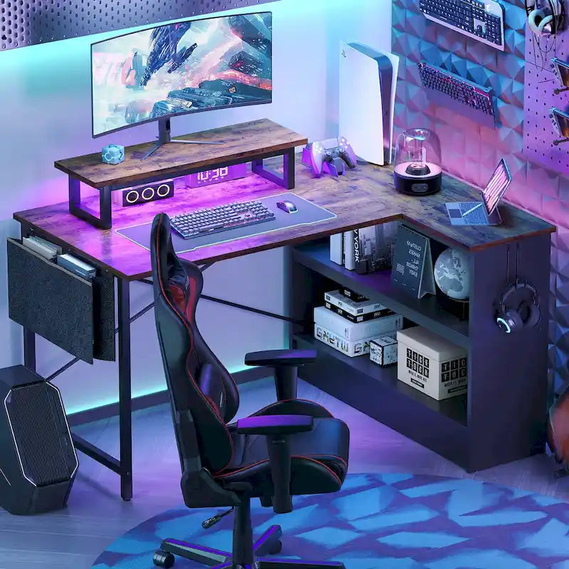 Bureau de jeu 42 pouces réversible en L avec support d'écran LED, étagères de rangement et sac