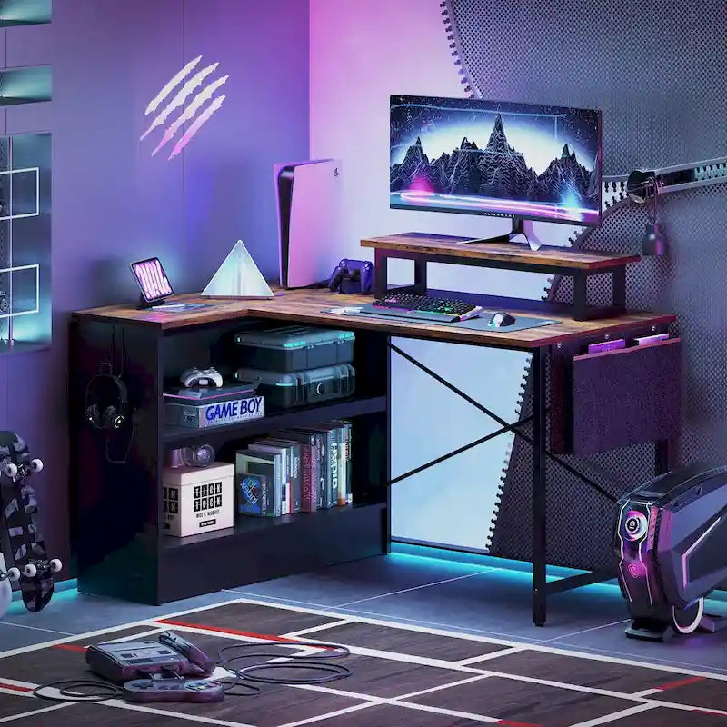 Bureau de jeu 42 pouces réversible en L avec support d'écran LED, étagères de rangement et sac