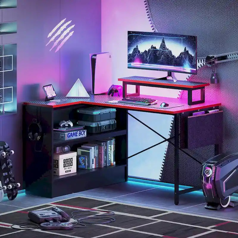 Bureau de jeu 42 pouces réversible en L avec support d'écran LED, étagères de rangement et sac