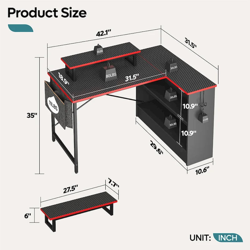 Bureau de jeu 42 pouces réversible en L avec support d'écran LED, étagères de rangement et sac