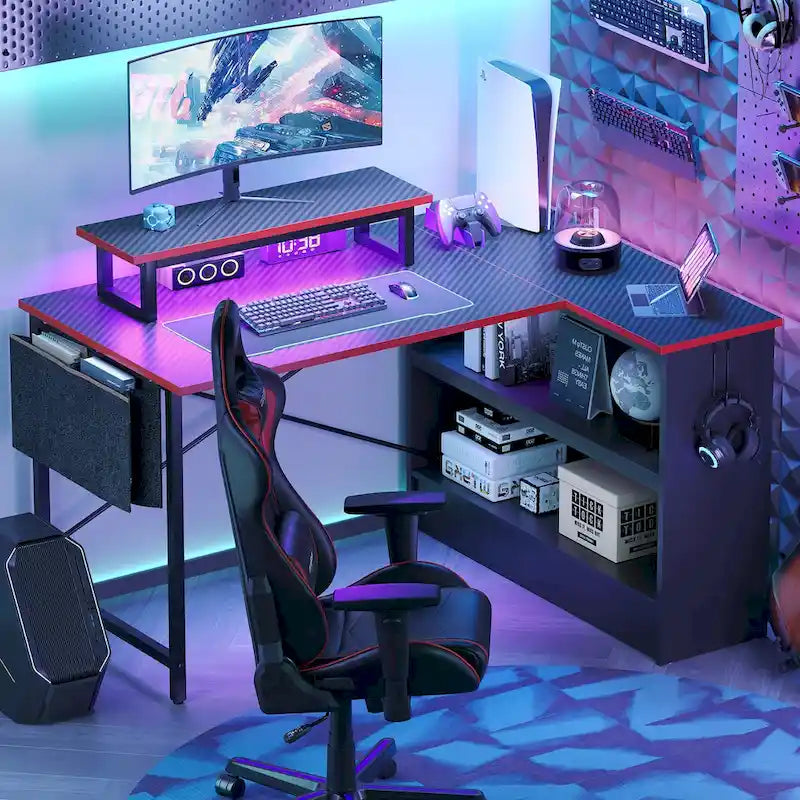 Bureau de jeu 42 pouces réversible en L avec support d'écran LED, étagères de rangement et sac