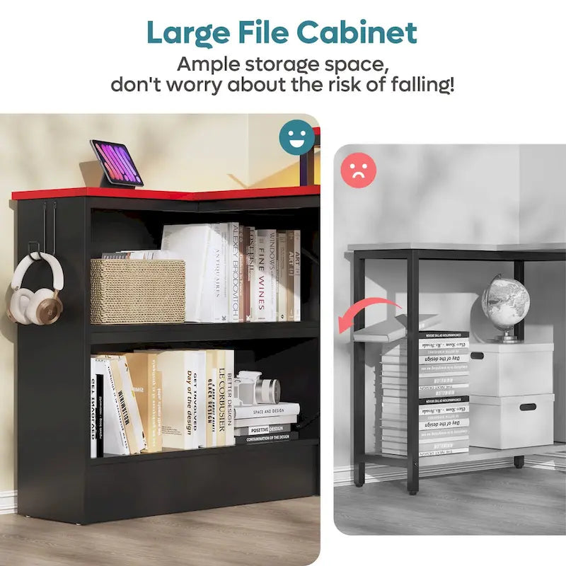 Bureau de jeu 42 pouces réversible en L avec support d'écran LED, étagères de rangement et sac