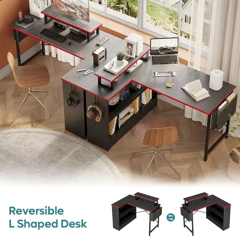 Bureau de jeu 42 pouces réversible en L avec support d'écran LED, étagères de rangement et sac