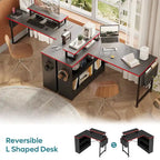 Bureau de jeu 42 pouces réversible en L avec support d'écran LED, étagères de rangement et sac