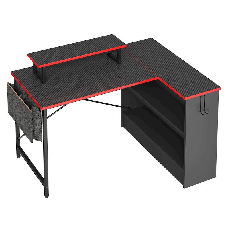 Bureau de jeu 42 pouces réversible en L avec support d'écran LED, étagères de rangement et sac
