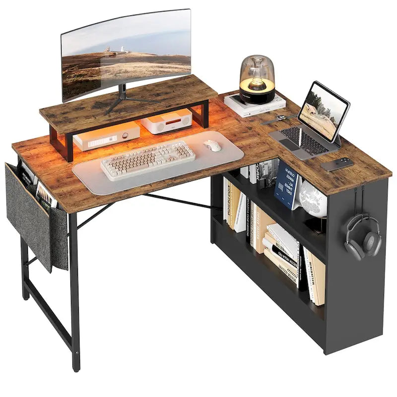 Bureau de jeu 42 pouces réversible en L avec support d'écran LED, étagères de rangement et sac