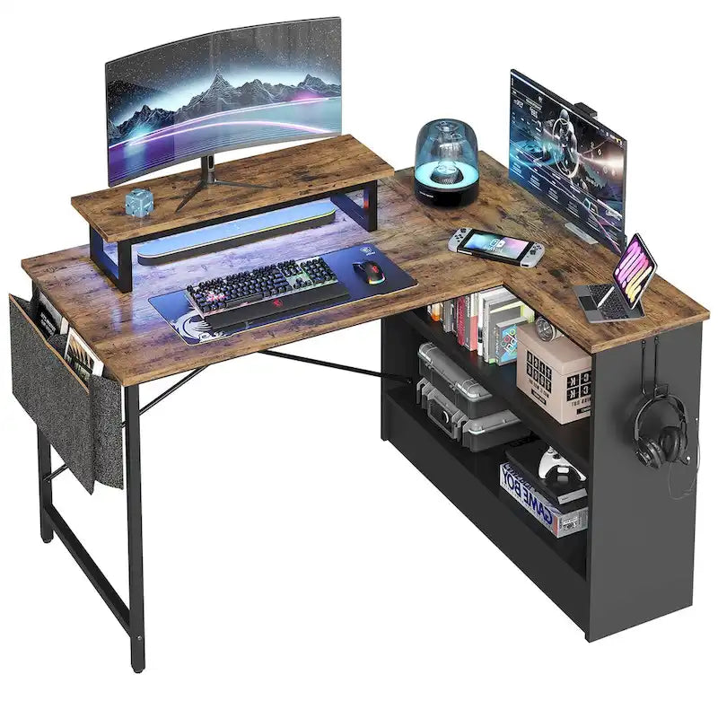Bureau de jeu 42 pouces réversible en L avec support d'écran LED, étagères de rangement et sac