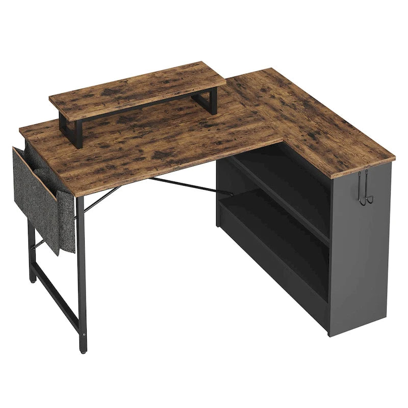 Bureau de jeu 42 pouces réversible en L avec support d'écran LED, étagères de rangement et sac