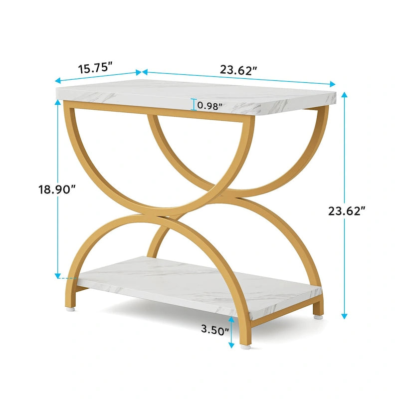 Table d'appoint de chevet à deux niveaux rectangulaire en bois et métal