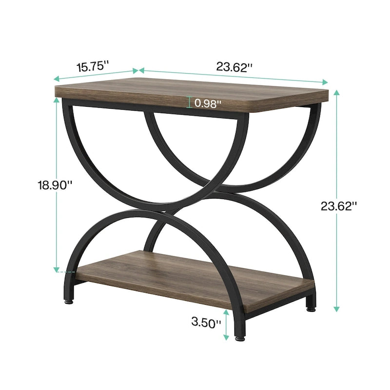 Table d'appoint de chevet à deux niveaux rectangulaire en bois et métal