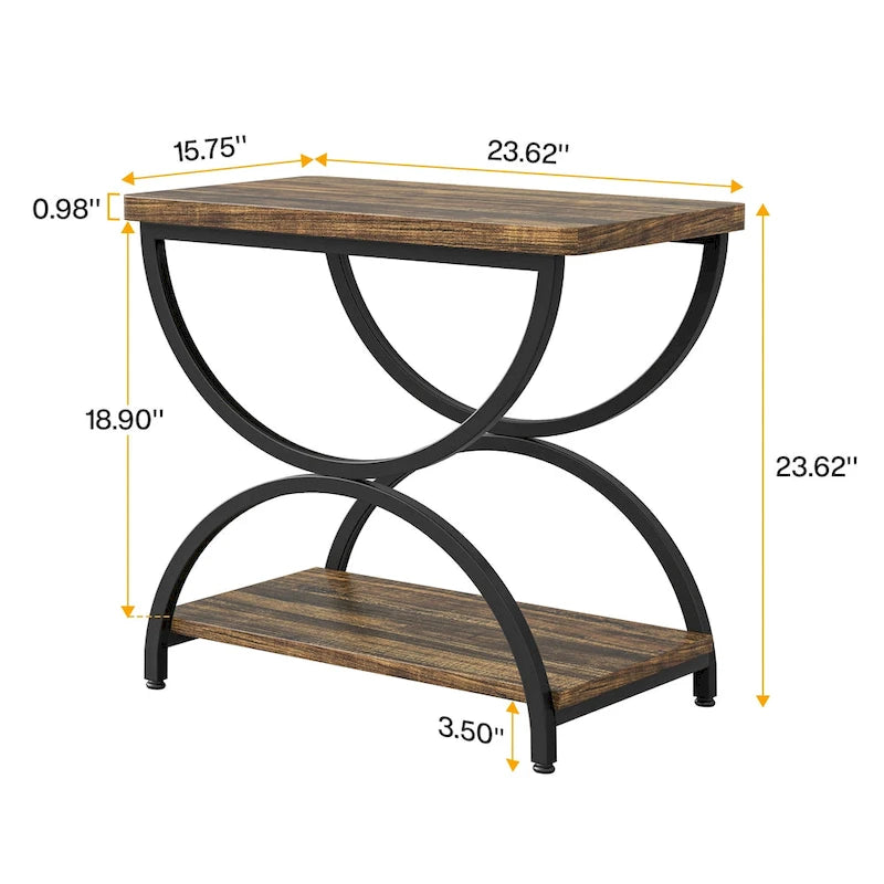 Table d'appoint de chevet à deux niveaux rectangulaire en bois et métal