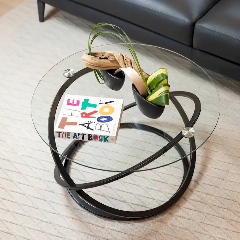 Table basse ronde en verre trempé avec piètement croisé