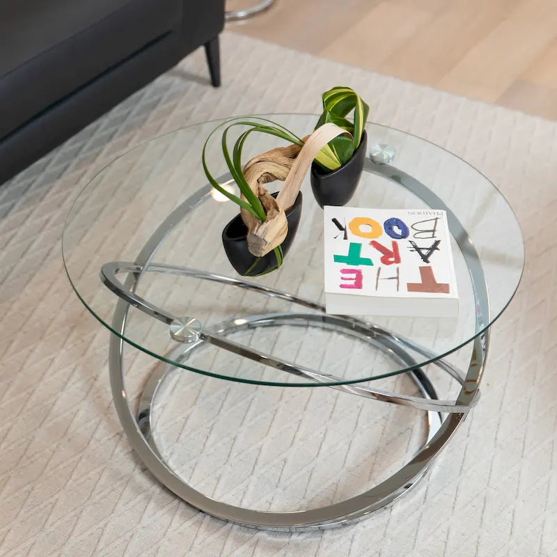 Table basse ronde en verre trempé avec piètement croisé