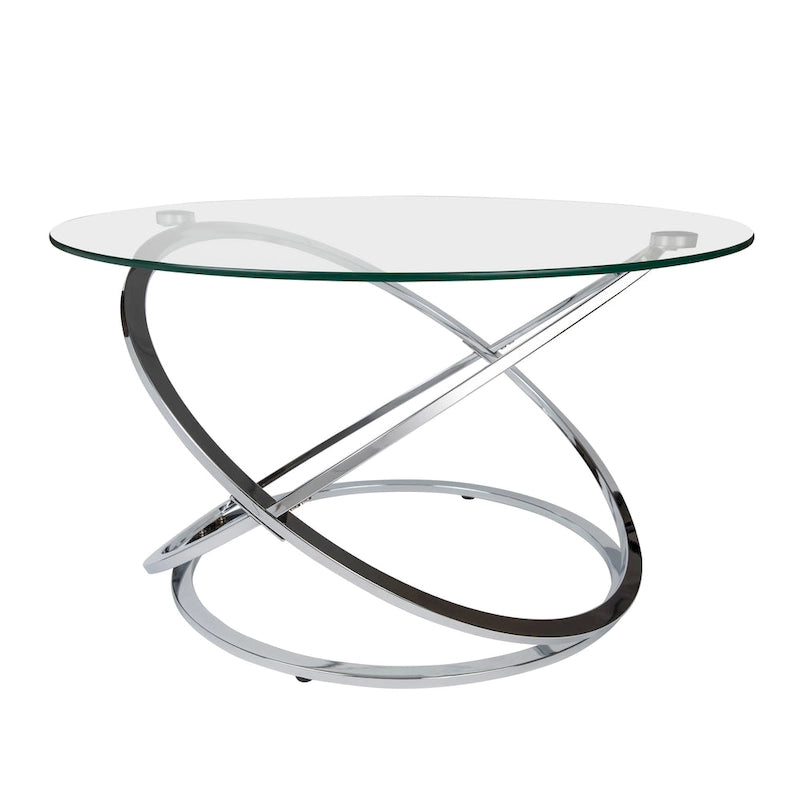 Table basse ronde en verre trempé avec piètement croisé