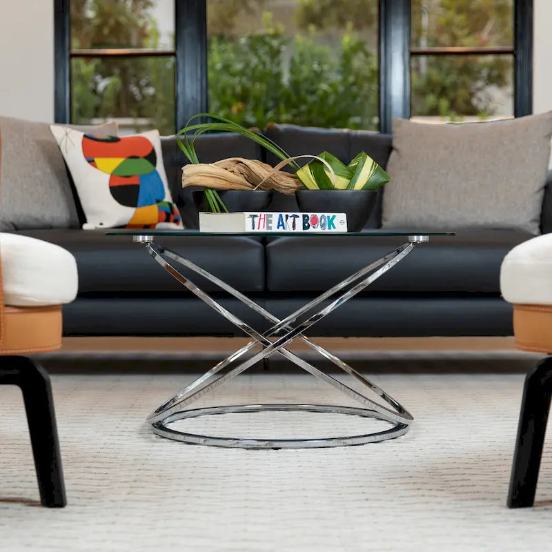 Table basse ronde en verre trempé avec piètement croisé
