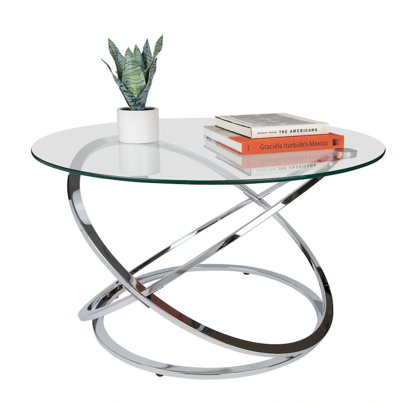 Table basse ronde en verre trempé avec piètement croisé