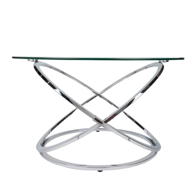 Table basse ronde en verre trempé avec piètement croisé
