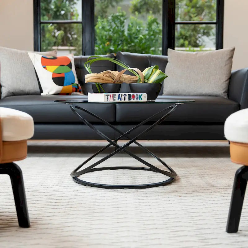 Table basse ronde en verre trempé avec piètement croisé