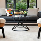 Table basse ronde en verre trempé avec piètement croisé