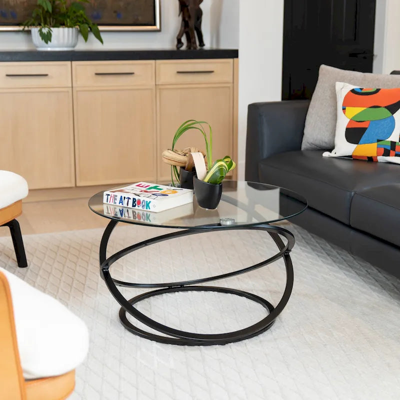 Table basse ronde en verre trempé avec piètement croisé