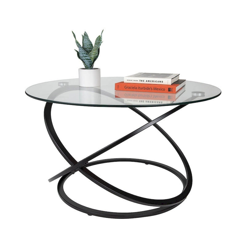 Table basse ronde en verre trempé avec piètement croisé