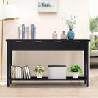 Console moderne avec 4 tiroirs, Table de canapé longue et étroite avec étagère ouverte, Console d'entrée en bois avec rangement