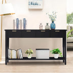 Console moderne avec 4 tiroirs, Table de canapé longue et étroite avec étagère ouverte, Console d'entrée en bois avec rangement