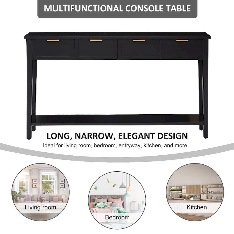 Console moderne avec 4 tiroirs, Table de canapé longue et étroite avec étagère ouverte, Console d'entrée en bois avec rangement