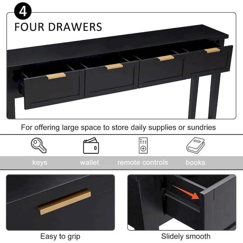Console moderne avec 4 tiroirs, Table de canapé longue et étroite avec étagère ouverte, Console d'entrée en bois avec rangement