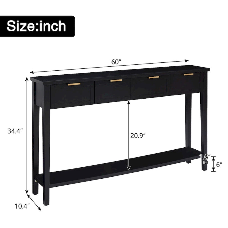 Console moderne avec 4 tiroirs, Table de canapé longue et étroite avec étagère ouverte, Console d'entrée en bois avec rangement