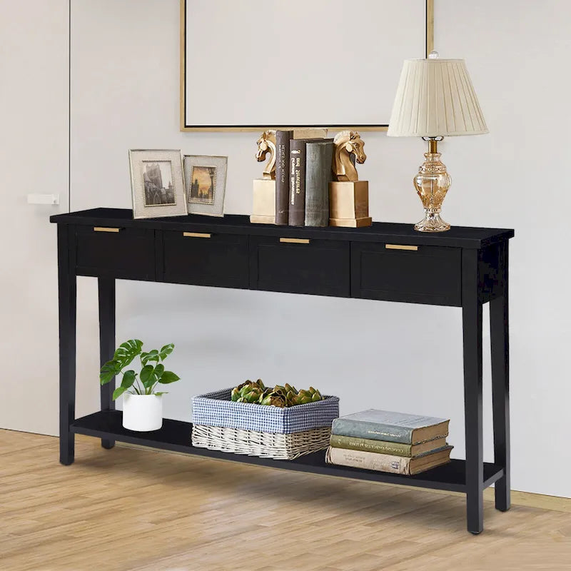 Console moderne avec 4 tiroirs, Table de canapé longue et étroite avec étagère ouverte, Console d'entrée en bois avec rangement