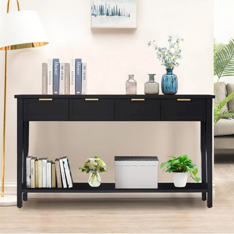 Console moderne avec 4 tiroirs, Table de canapé longue et étroite avec étagère ouverte, Console d'entrée en bois avec rangement