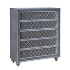 Commode 5 tiroirs de 124 cm de haut, boutons en cristal, velours gris lisse