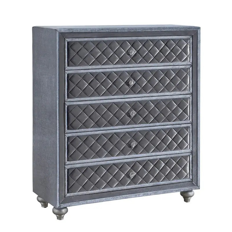 Commode 5 tiroirs de 124 cm de haut, boutons en cristal, velours gris lisse