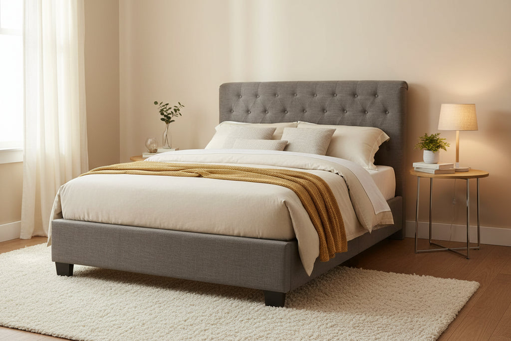 Rue Low Profile Queen Bed, Button Tufted Uphosltered Rolled Back, Gray