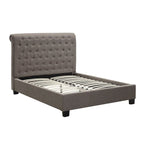 Lit queen size profil bas, dossier capitonné enroulé, gris