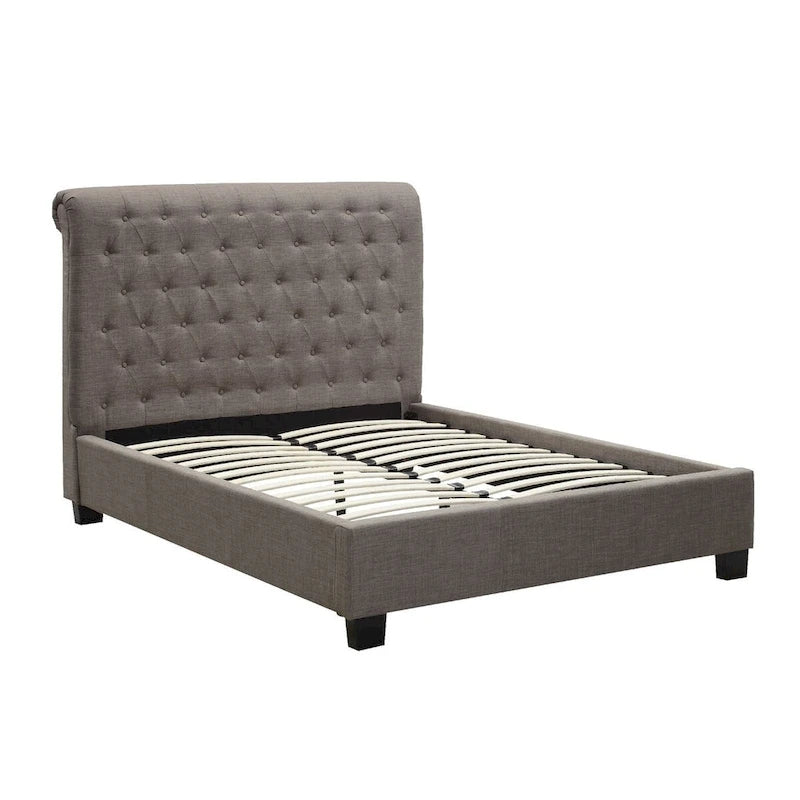 Lit queen size profil bas, dossier capitonné enroulé, gris