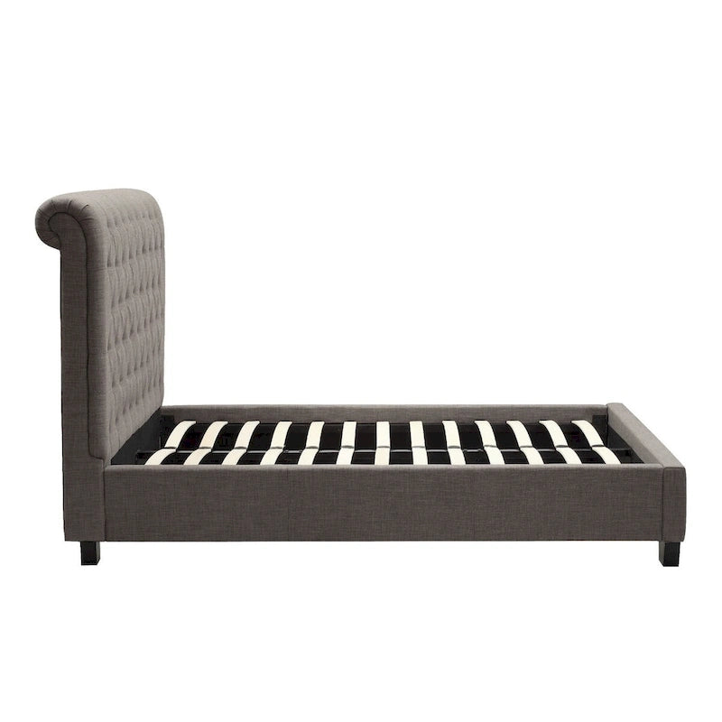 Lit queen size profil bas, dossier capitonné enroulé, gris