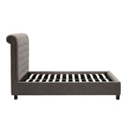 Lit queen size profil bas, dossier capitonné enroulé, gris