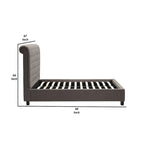 Lit queen size profil bas, dossier capitonné enroulé, gris