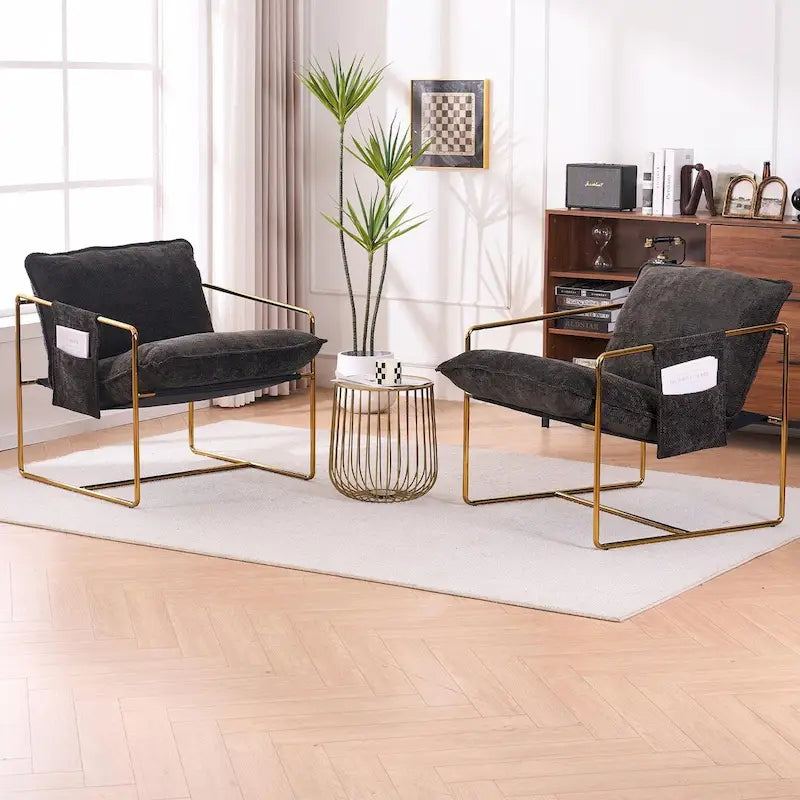 Fauteuils suspendus rembourrés avec pochettes latérales, structure métallique