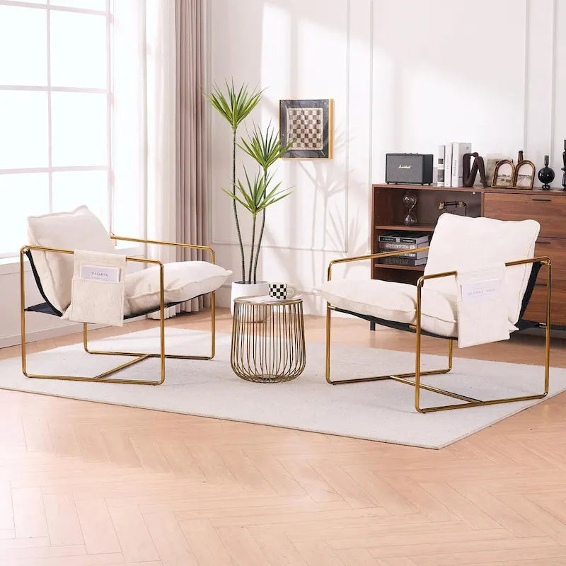 Fauteuils suspendus rembourrés avec pochettes latérales, structure métallique