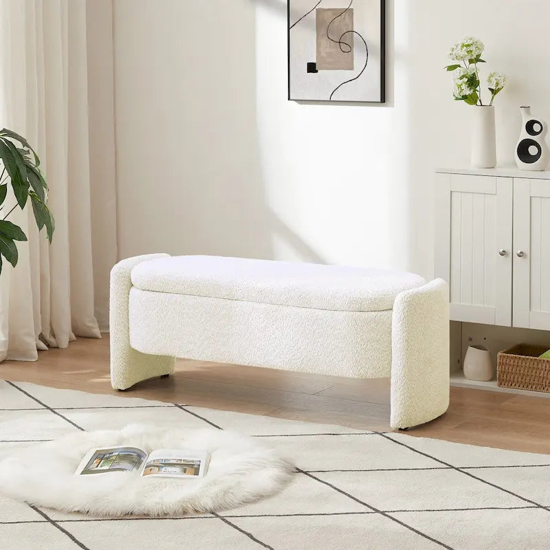 Banc de rangement ottoman ovale 3D en tissu polaire d'agneau, avec grand espace de rangement pour le salon, l'entrée et la chambre à coucher