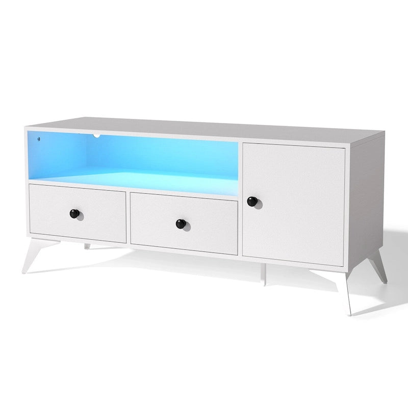 Meuble TV avec rangement multimédia ouvert et lumière LED RGB