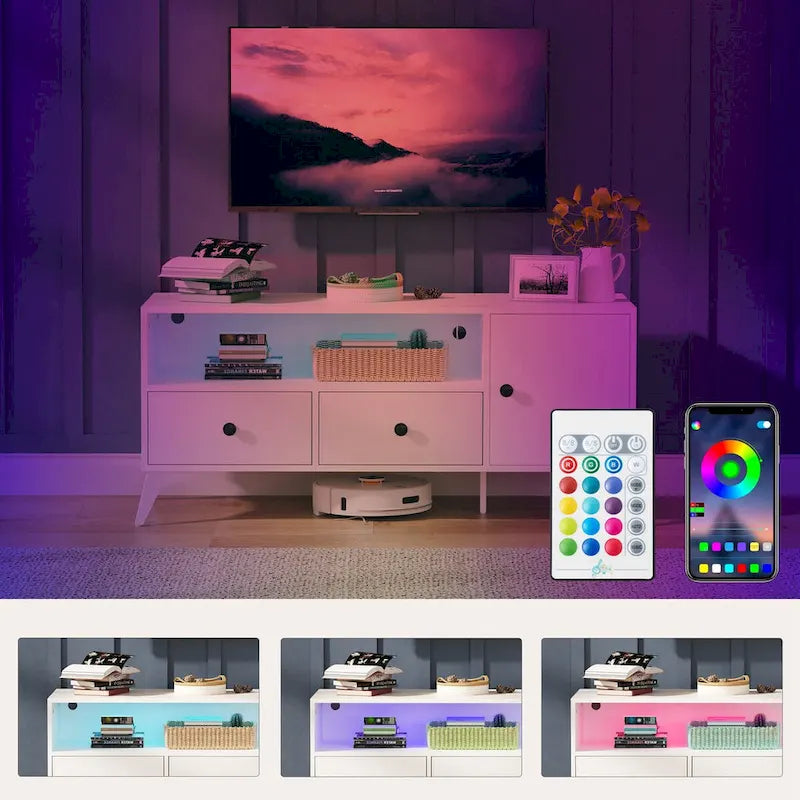 Meuble TV avec rangement multimédia ouvert et lumière LED RGB
