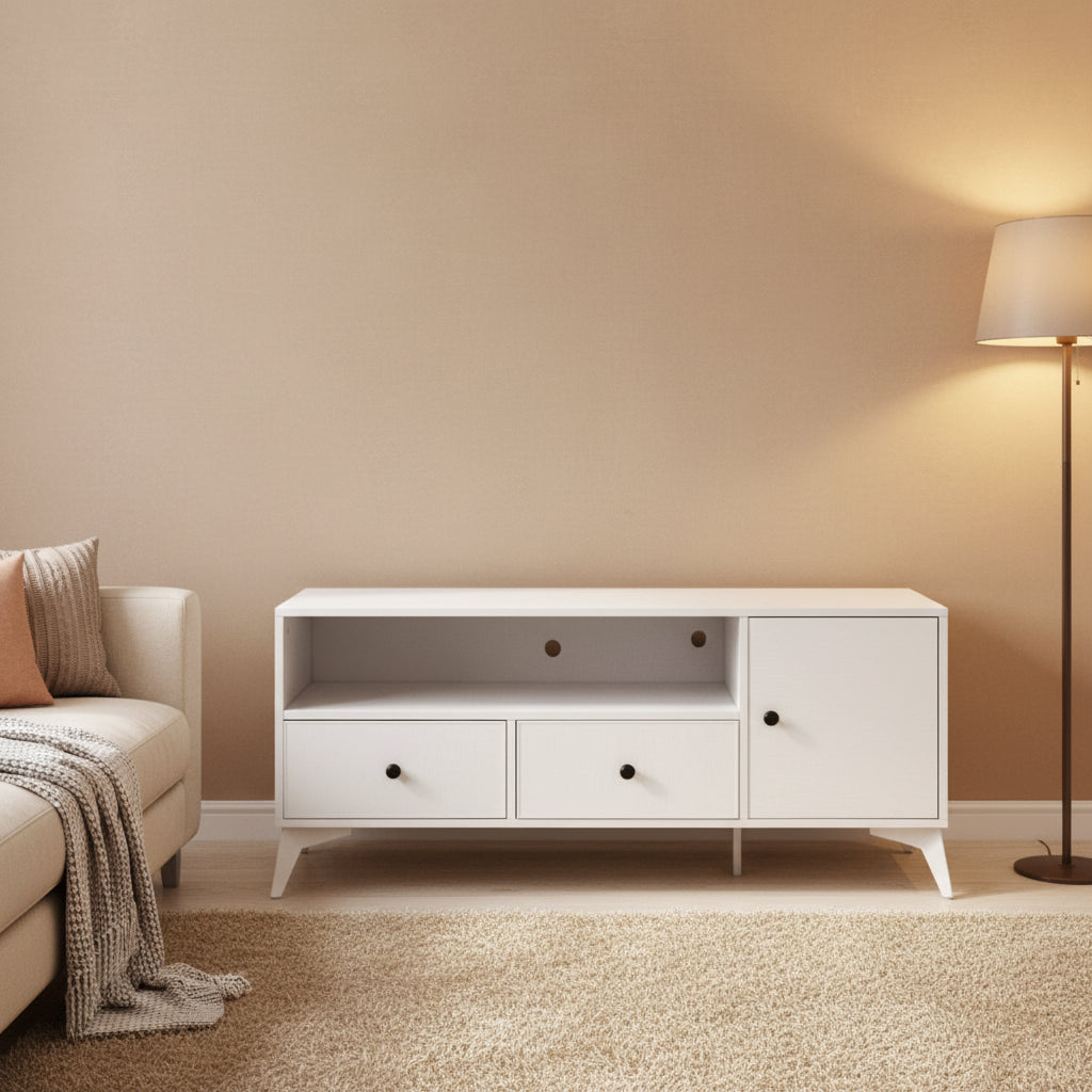 Meuble TV avec rangement multimédia ouvert et lumière LED RGB